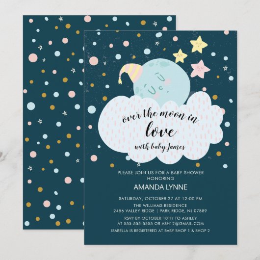 Invitation au Baby shower d'amour sur la lune (Devant / Derrière)