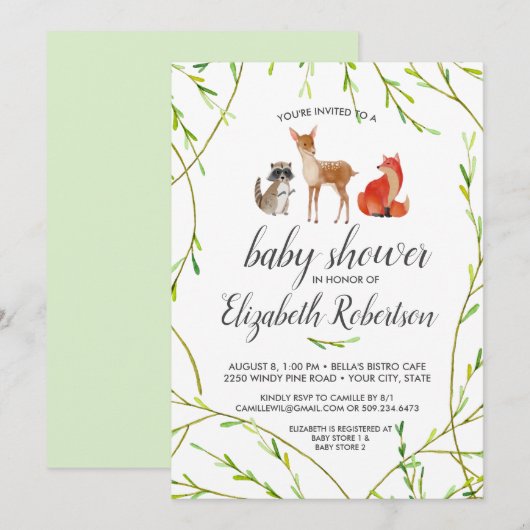 Invitation au Baby shower d'animaux de bois d'aqua (Devant / Derrière)