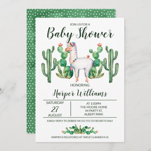 Invitation au Baby shower d'aquarelle Fiesta Llama (Devant / Derrière)