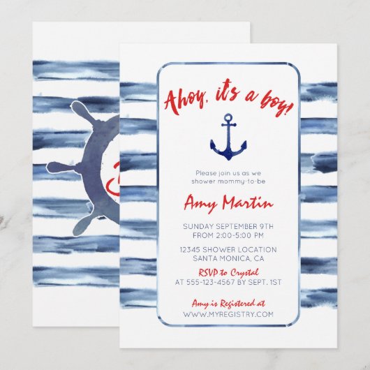 Invitation au Baby shower d'aquarelle marine (Devant / Derrière)