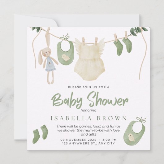 Invitation au Baby shower d'aquarelle verte (Devant)