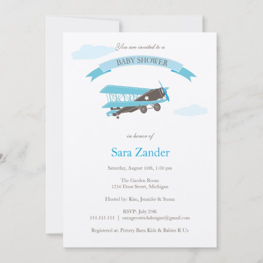 Invitation au Baby shower d'avion - Bleu et Brown (Devant)