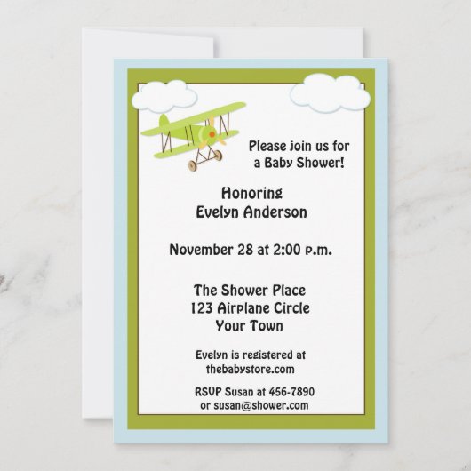 Invitation au Baby shower d'avion vert (Devant)