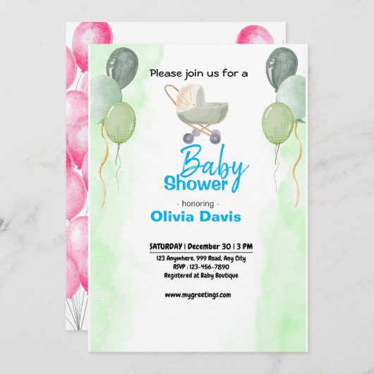 Invitation au Baby shower de balais vert (Devant / Derrière)