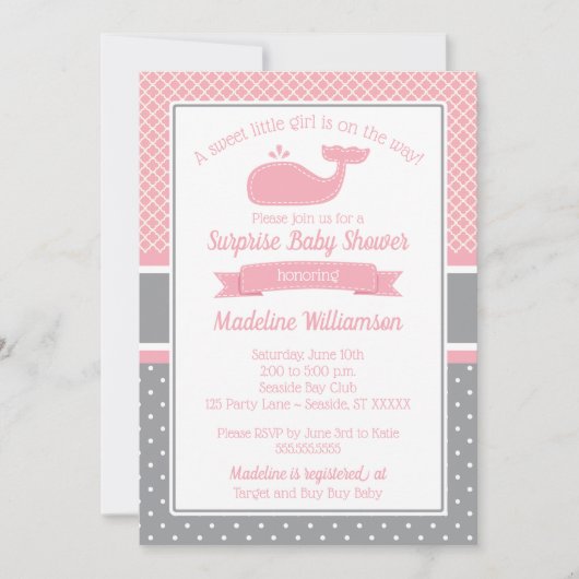 Invitation au Baby shower de baleine rose Preppy (Devant)