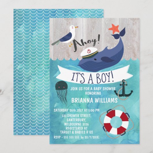 Invitation au Baby shower de baleines Ahoy (Devant / Derrière)