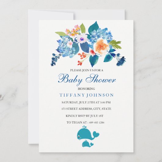 Invitation au Baby shower de baleines florales du (Devant)