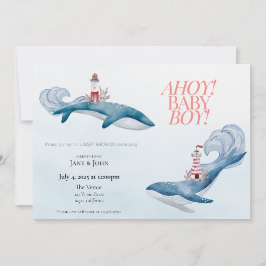 Invitation au Baby shower de baleines nautiques (Devant)