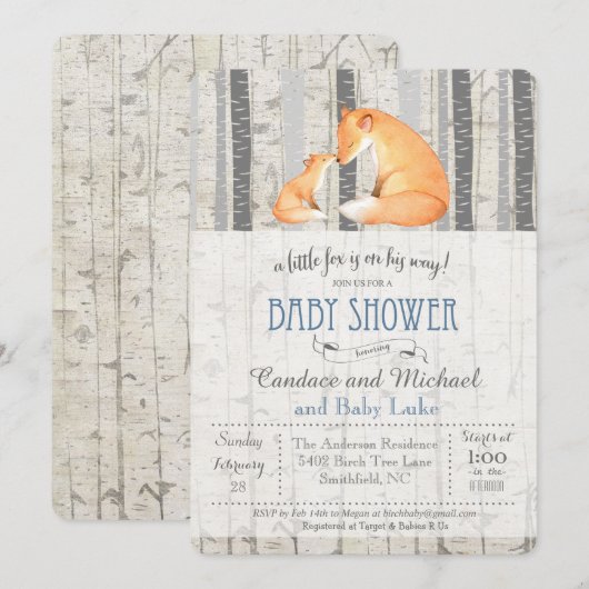 Invitation au Baby shower de Birch de Little Fox (Devant / Derrière)