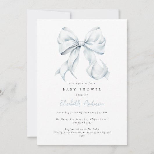 Invitation au Baby shower de Bleu Bow (Devant)