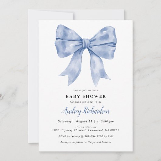 Invitation au Baby shower de Bleu Bow (Devant)