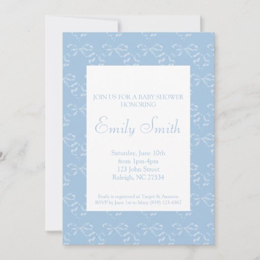 Invitation au Baby shower de Bleu Bow (Devant)