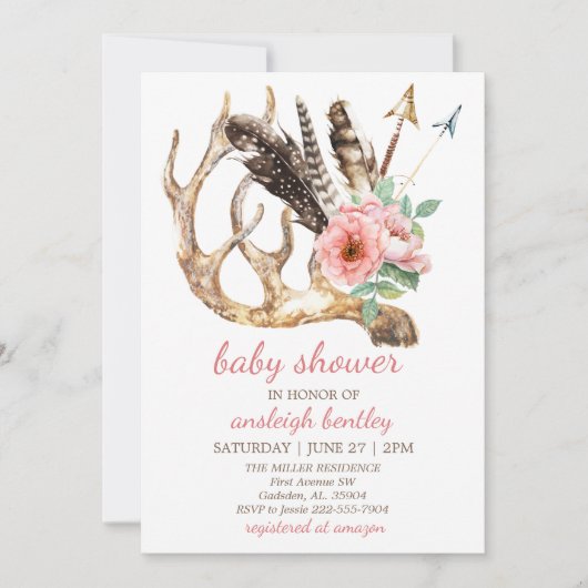 Invitation au Baby shower de Boho Floral et Antler (Devant)