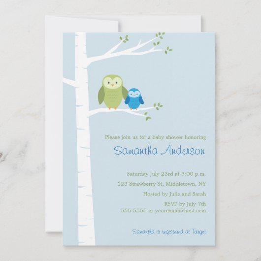 Invitation au Baby shower de bouleaux d'Owl - Garç (Devant)