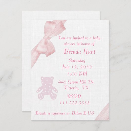 Invitation au Baby shower de Bow rose (Devant / Derrière)
