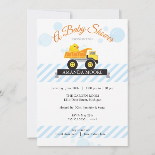 Invitation au Baby shower de camion-citerne à vide (Devant)