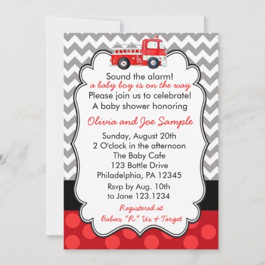 Invitation au Baby shower de camions à feu (Devant)