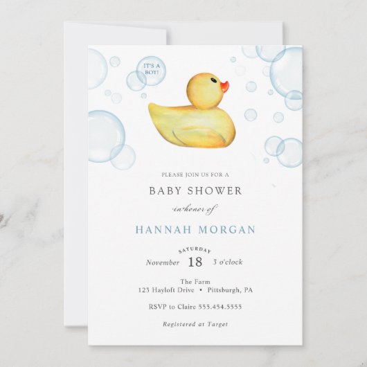 Invitation au Baby shower de canard en caoutchouc (Devant)