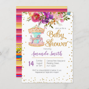 Invitation au Baby shower de carousel rose