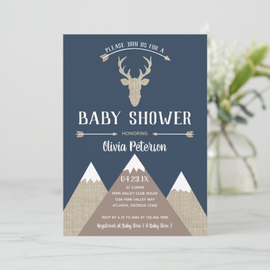 Invitation au Baby shower de cerfs de bois, Burlap (Debout devant)