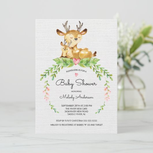 Invitation au Baby shower de cerfs de bois doux (Debout devant)