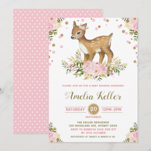 Invitation au Baby shower de cerfs de forêt rose (Devant / Derrière)