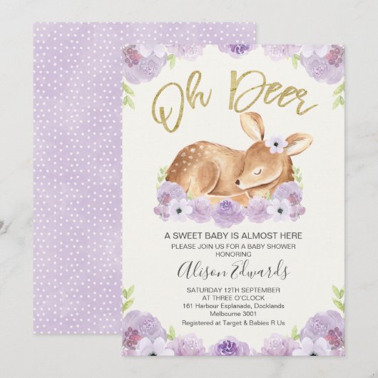 Invitation au Baby shower de cerfs de Lilac (Devant / Derrière)