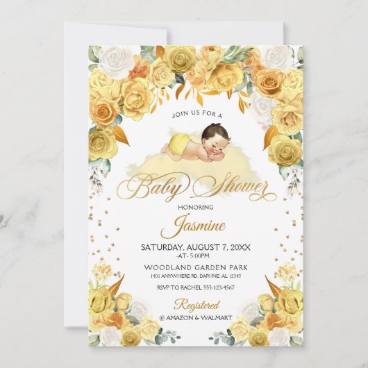 Invitation au Baby shower de couchage floral jaune (Devant)