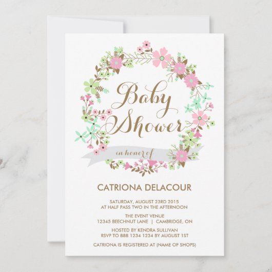 Invitation au Baby shower de couronne florale (Devant)