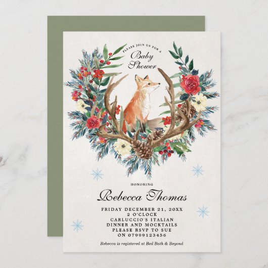 invitation au baby shower de couronnes et renards  (Devant / Derrière)