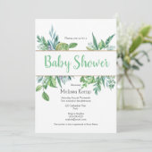 Invitation au Baby shower de feuillage vert et or (Debout devant)