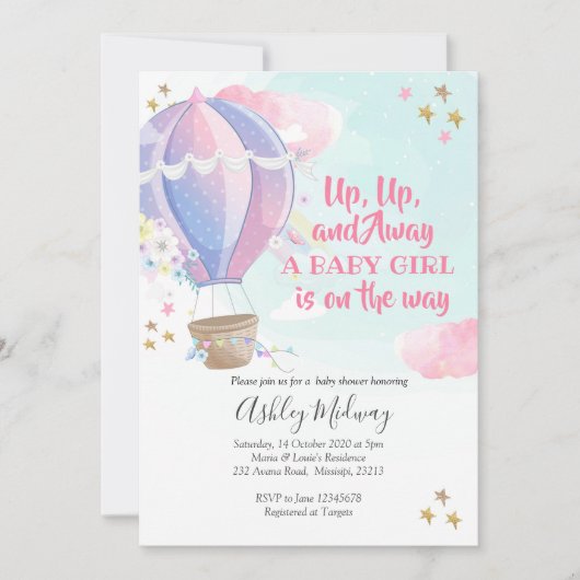 Invitation au Baby shower de filles de ballons à a (Devant)