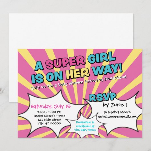 Invitation au Baby shower de filles super-héros (Devant / Derrière)
