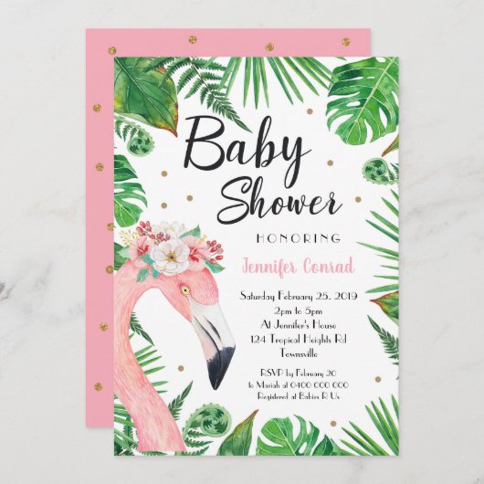 Invitation au Baby shower de Flamant rose tropical (Devant / Derrière)