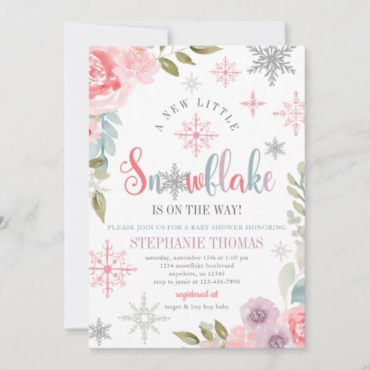 Invitation au Baby shower de flocon de neige flora (Devant)