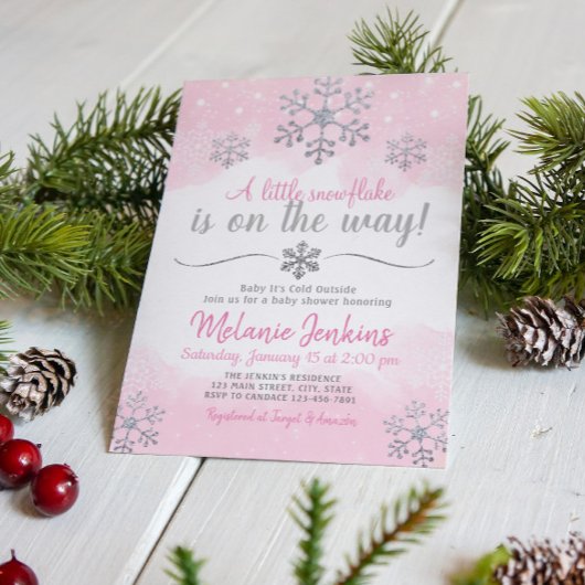 Invitation au Baby shower de flocon de neige rose 