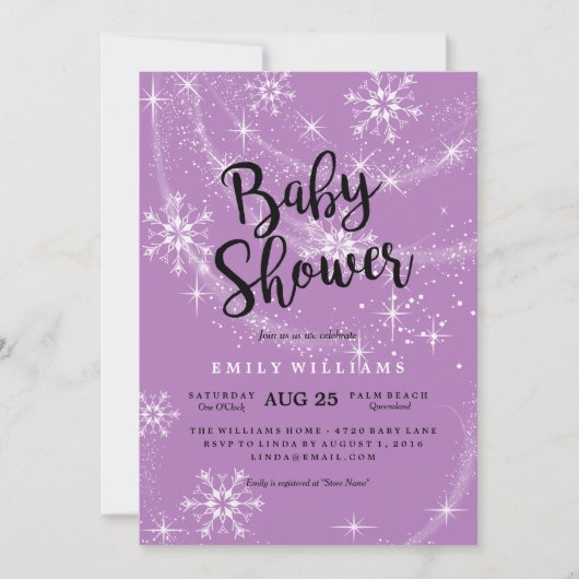 Invitation au Baby shower de flocon de neige viole (Devant)