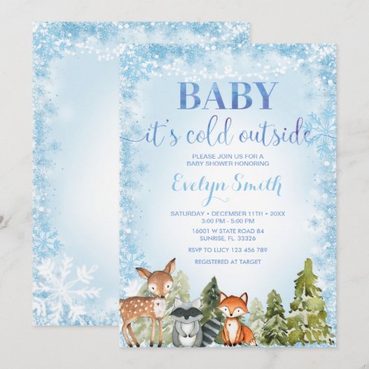 Invitation au Baby shower de flocon d'hiver Woodla (Devant / Derrière)