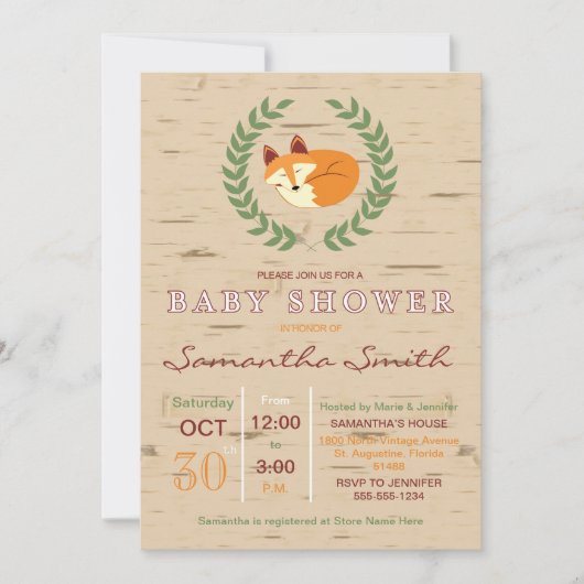Invitation au Baby shower de Fox couché de bois (Devant)