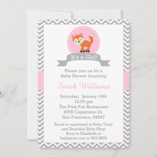 Invitation au Baby shower de Fox Cute en rose et g (Devant)