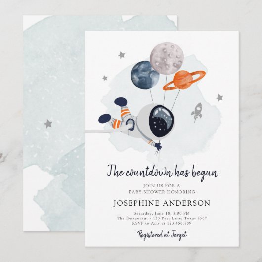 Invitation au Baby shower de garçon de l'astronaut (Devant / Derrière)