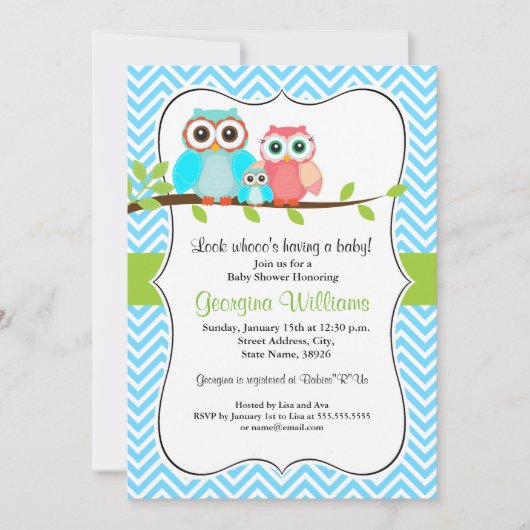 Invitation au Baby shower de la chouette bleue (Devant)