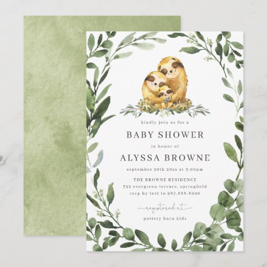 Invitation au Baby shower de la famille Sloth (Devant / Derrière)