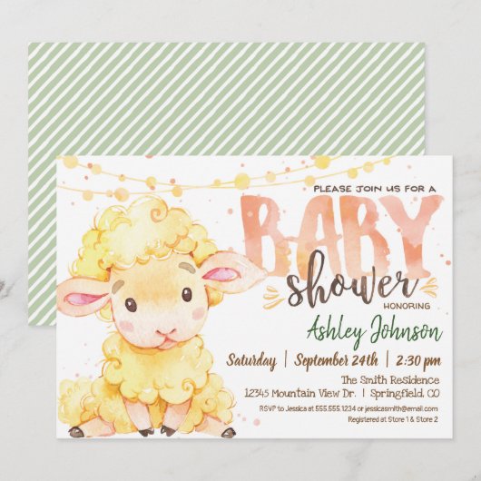 Invitation au Baby shower de la ferme des moutons (Devant / Derrière)