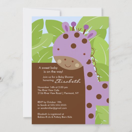 Invitation au Baby shower de la Girafe pourpre (Devant)