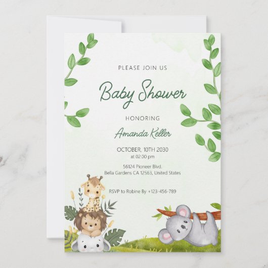 Invitation au Baby shower de la jungle verte (Devant)