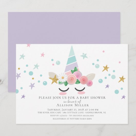 Invitation au Baby shower de la licorne magique (Devant / Derrière)