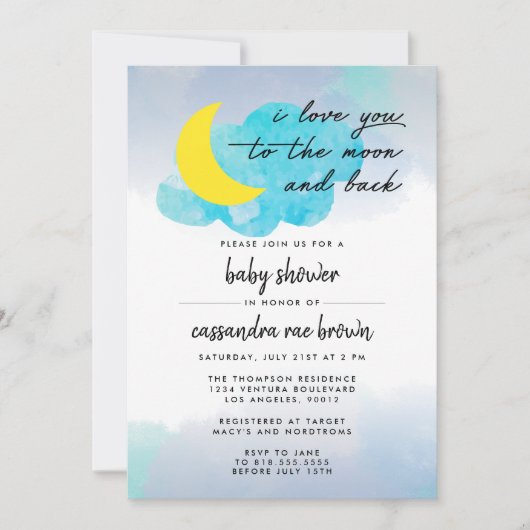 Invitation au Baby shower de la lune et du dos (Devant)