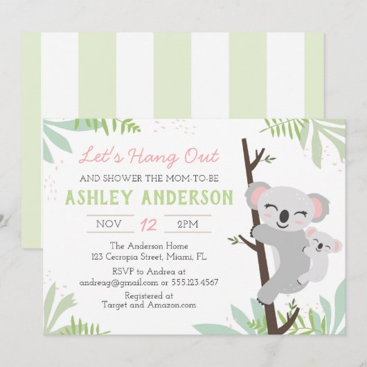 Invitation au Baby shower de la petite fille Koala (Devant / Derrière)