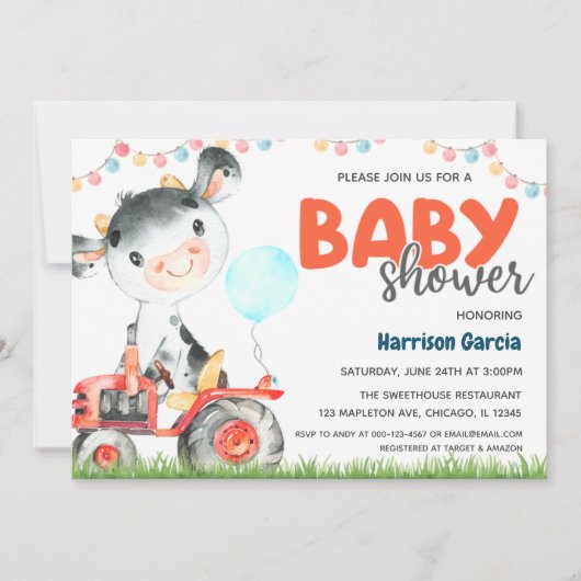 Invitation au Baby shower de la vache de garçon d' (Devant)